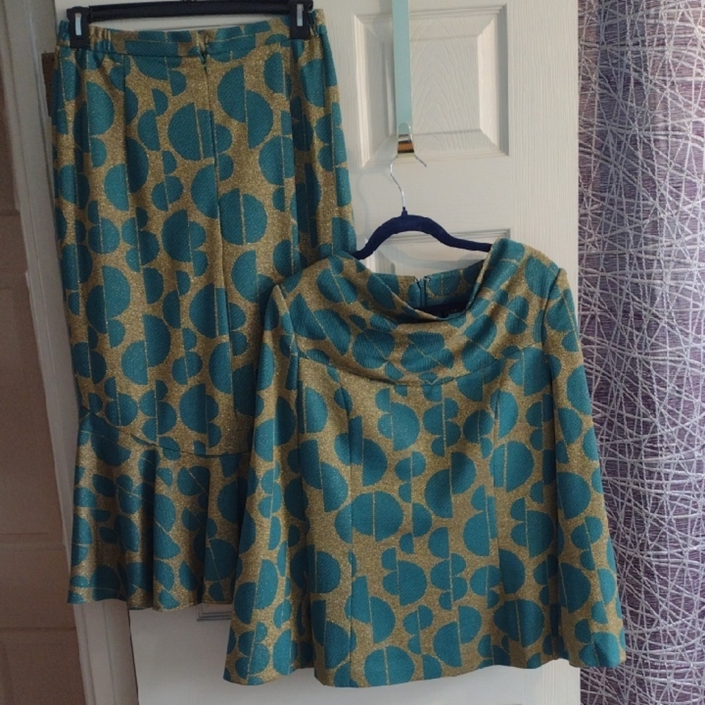 Terramina Teal and Gold Geometric Skirt Set